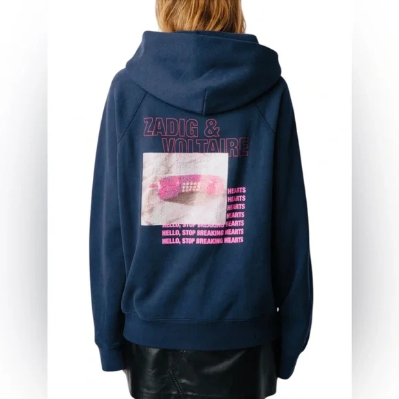 ZADIG & VOLTAIRE THE GEORY TELEPHONE EMBELLISHED COTTON GRAPHIC HOODIE. - Picture 5 of 10